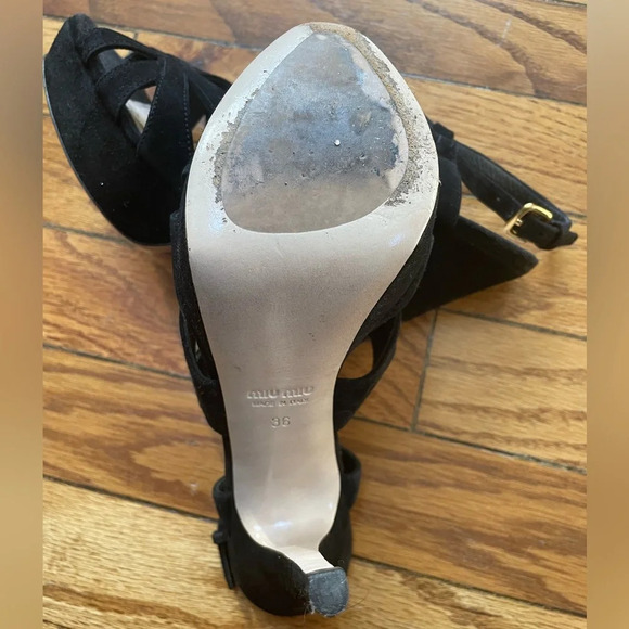 Miu Miu  Black Suede Platform Crisscross Sandal Heels, size 36 - Picture 10 of 12